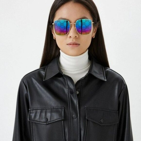 Gucci Women Sunglasses Gold Multicolor GG Pattern Mirror Square GG0802S 004 main image 12
